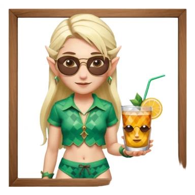 elf female legolas portrait, patterned board shorts (geometric/abstract), unique wooden-framed sunglasses, undercut hairstyle, slight smirk, visible pointy ears, no background, centered emoji, hipster summer vibe coctails  sticker