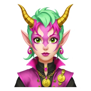 A D&D tiefling with pale green skin and hot pink hair. She is a rouge and is obsessed with gold sticker