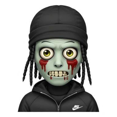 a zombie emoji with black dreads and a black nike jacket and black nike ski mask on his head sticker