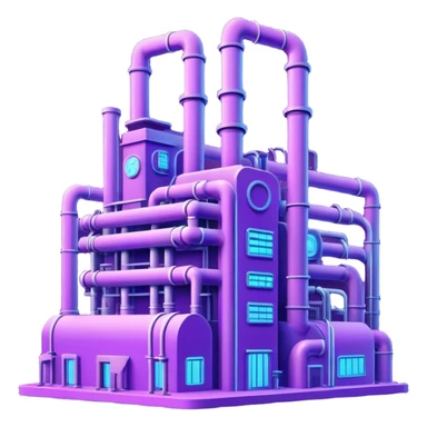 AI-powered factory. It should be a building with pipes. Add violet neon glowing symbolizing power of AI sticker