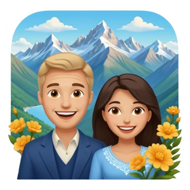 Couple  laughing traveling russian man and elegant  Latina girl delicate flowers and mountains in the background  sticker