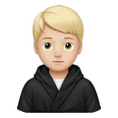 Create a blond boy with long, messy hair, light eyes, a white t-shirt, rich, with long hair, blue eyes, medium-length, voluminous hair, wearing a black Nike bathrobe and a little blush near his nose. and with a balaclava like a ninja sticker