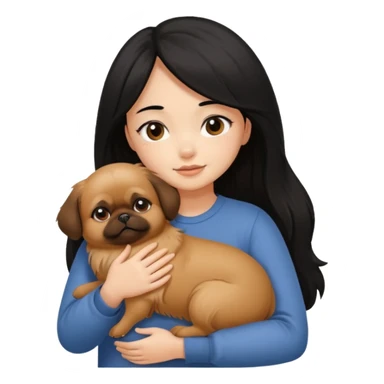 black hair girl hugging brown pegingese dog sticker