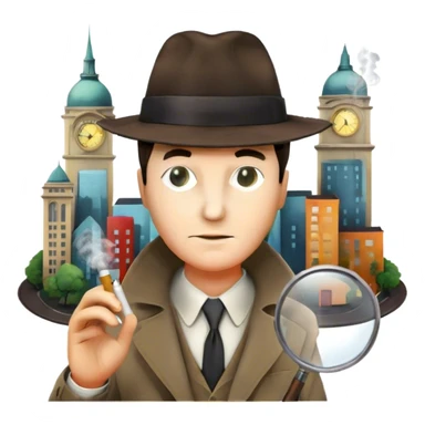 Icon for Detective Movies: A colorful collage featuring iconic detective elements—magnifying glass, a fedora hat, a cigarette, a shadowy figure, and a mysterious city backdrop. Include subtle clues like fingerprints or a crime scene. Retro movie poster style. Transparent background. sticker