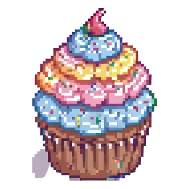 pixel art cupcake with pink icing, rainbow sprinkles sticker