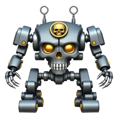 four-armed skull-headed tank mech with four mechanical arms with guns, skull head with cables, tank tread lower body, aggressive expression, shiny metal with minimal color accents, preserve all proportions, pose, and details, apple emoji style sticker