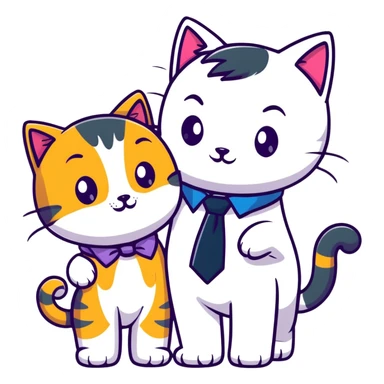 happy girl cat with eyelashes wearing a colorful necktie and happy boy cat wearing a professional necktie standing together and holding paws, both with loving expressions sticker