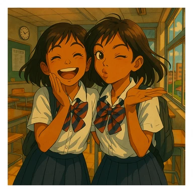 Add a cheerful friend next to the Japanese brown-skinned high school girl, both in Tokyo school uniforms, sharing a mischievous moment together, vibrant and playful atmosphere, detailed background in Ghibli anime style. sticker