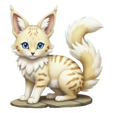 Albino-pure-snow-white, blue-eyed soft natural realistic romantic vintage antique divine beautiful elegant pretty precious cute young youthful  Fakémon-Pokémon-feline-Zeraora-Jolteon-serval-caracal-chinchilla-Minccino-Cinccino-Meowstic-rodent-hybrid-creature with a big fluffy bushy tail (full body) sticker
