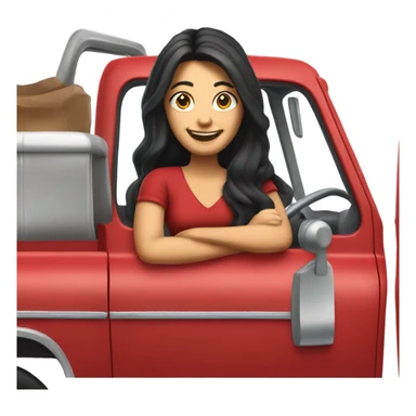Life-like red pick up truck smiling lady with long black hair driving  sticker