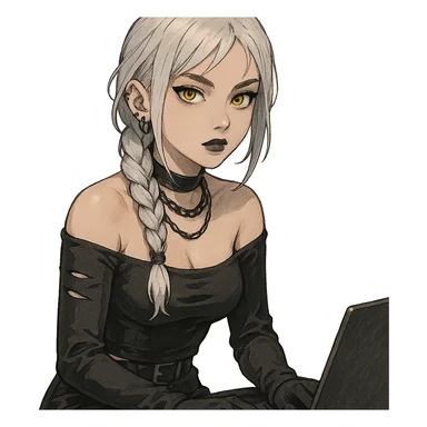  she is wearing armor, maximum power , except instead she's giving a victory salute, [[[except it's a black cat typing at a laptop]]], a closeup portrait of young woman with gold yellow eyes, white hair, long braid, black off-shoulder top d-cup, punk gothic style, futuristic cyberwave cyberpunk, sitting position
 sticker