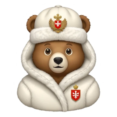 Cute brown bear in white fur ushanka hat with centered Russian coat of arms, front view, iOS emoji style sticker