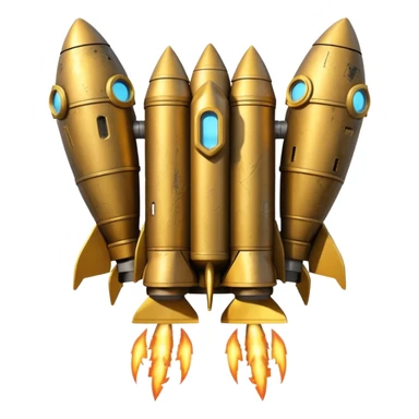 gold ancient wide jetpack with rocket projectiles on both sides, back view, no fire, with worn and weathered look sticker