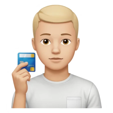a 25 year old man thinking whit his hand forming an l shape on his chin whit short buzz cut hair whit a white t shirt and holding a credit card in his left hand make shure the card is medium sized so you can see it from a far make shure the caracther is big and a yellow background sticker