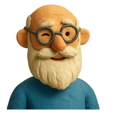 claymation style of a bald man with spectacles, long white beard, winking sticker