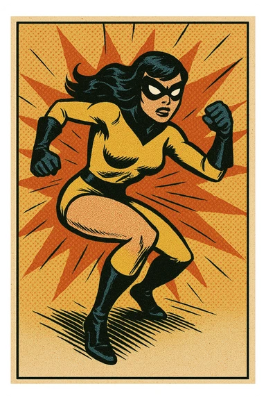 superheroine costume, yellow and black, classic comic book style, gloves and boots, mask, action stance sticker
