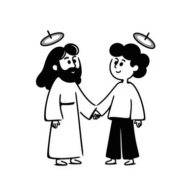 hand drawn cutesy tiny Jesus and a person, both with halos sticker