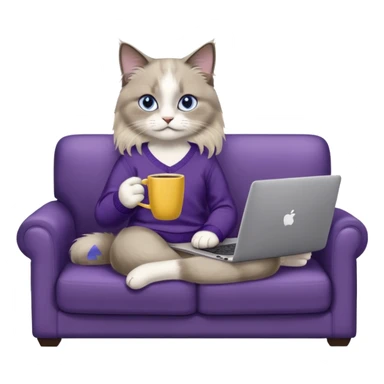 a cute blue eyed brown and white ragdoll cat with white paws and brown and beige tail wearing the dark violet sweater with yellow letteting "Milena" sitting on the grey sofa with grey laptop Lenovo and drinking coffee sticker