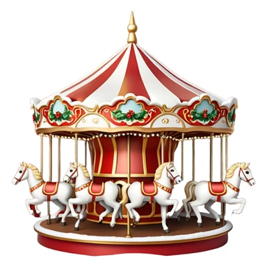Apple iOS style 3D emoji icon of a vintage Moscow Christmas carousel.
Round ornate roof with red and gold patterns, miniature horses, decorated with glowing warm light garlands and light dusting of snow. Smooth glossy plastic texture, high-end 3D render, vibrant festive colors, resolution. sticker