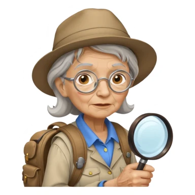 Explorer old woman with backpack and magnifying glass sticker