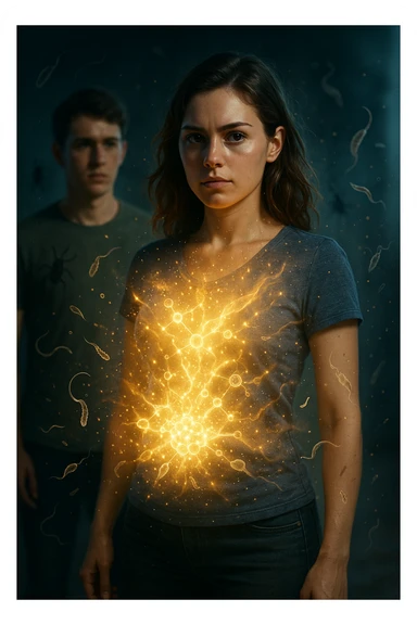 A hyper-realistic, cinematic image showing a young woman with a glowing, radiant aura symbolizing a very strong immune system. She stands confidently, surrounded by a dynamic shield of light particles and molecular energy swirling around her body, especially focused around her abdomen and chest. Against this luminous barrier, faint translucent representations of parasites—small worm-like and protozoan shapes—attempt to approach her but are visibly repelled or disintegrating upon contact with the shield. Nearby, a young man representing her boyfriend is shown with subtle, shadowy parasite silhouettes near him, some reaching toward her but unable to penetrate her immune defenses. The background is softly blurred to keep the focus on the energetic battle at the forefront, with cool blues and warm golds contrasting to symbolize health, vitality, and defense. The lighting is dramatic yet hopeful, with a cinematic 35mm film style emphasizing sharp detail on her determined face and the swirling protective energy. The overall tone conveys resilience, protection, and the unseen battle inside the body. sticker