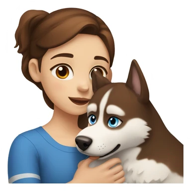 a girl with blue eyes and brown hair hugs a husky dog ​​with brown eyes sticker