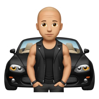 Vin Diesel emoji wearing a white tank top and black jacket with a black car behind him sticker