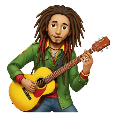Icon for Reggae Music: Bob Marley with his guitar, surrounded by his band, The Wailers. The design should capture the laid-back, rhythmic vibe of reggae, with iconic dreadlocks and vibrant colors (red, yellow, green). Transparent background. sticker