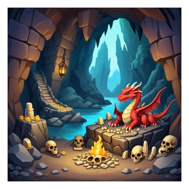 Dragon lair in a mountain cave with treasure piles and bones sticker