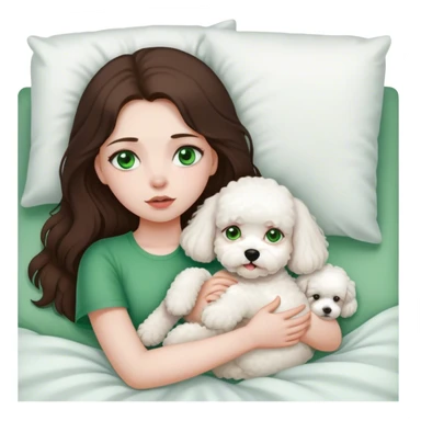 Brunette Long hair girl with green eyes sick in bed by herslef with bichon frise dog sticker