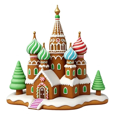 Apple style 3D emoji of a gingerbread house shaped like Saint
Basil's Cathedral. Detailed icing patterns, colorful candy domes, dusting of powdered sugar as snow. Warm cookie texture, cute 3D render, isolated on a white background, festive look. sticker