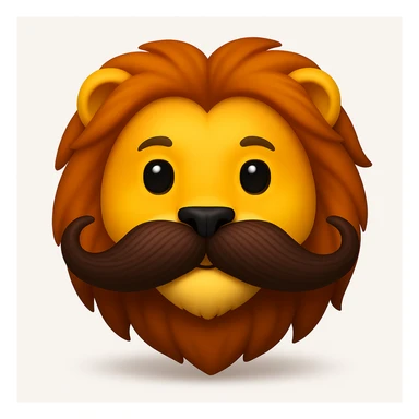 Make a lion emoji exactly like the reference image, in iOS emoji style. Same face, mane, and mustache, smooth and shiny. Add a soft shadow. sticker