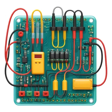 An icon featuring circuit boards, glowing wires, and a multimeter, symbolizing electrical engineering. The design includes voltage symbols and electric currents flowing through components, representing the study and application of electricity. Transparent background sticker