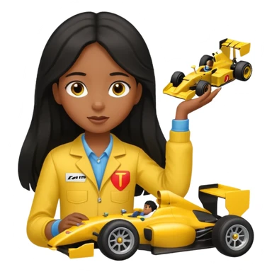  long black haired black girl kid playing yellow colored formula 1 car toy sticker