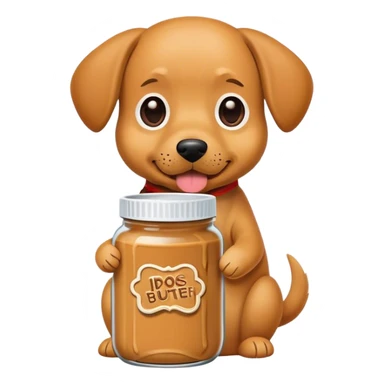 A dog with a jar of peanut butter sticker