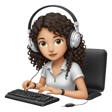 Spanish girl with long dark curly hair, wearing a white gaming headset and playing on keyboard with a gaming mouse in one hand sticker