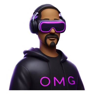 Big Lebowski wearing a black hoodie with "OMG" letters on it and VR headset oculus quest 2 in a cyberpunk VR environment with violet neon lighting. sticker