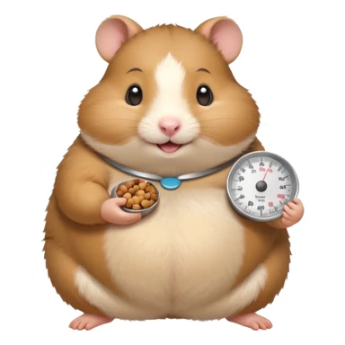 fat hamster holding pregnant belly smiling holding a tiny food scale sticker