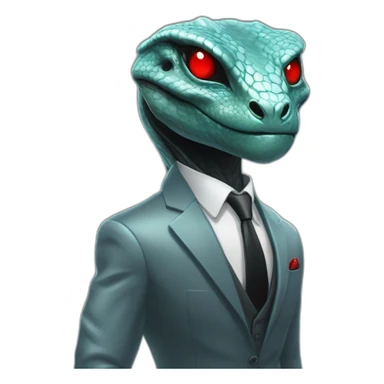 Aquamarine reptilian in classic black suite with red laser eyes on the middle of platinum coin sticker
