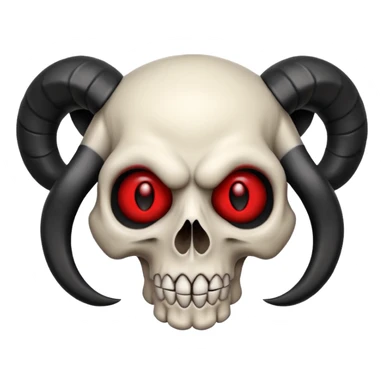cartoonish skull with curled black ram horns, intense red eyes, wide mischievous grin, bold, memorable sticker