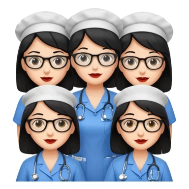 Genera un emogis con cuatro enfermeras pelinegra juntas, entre ellas una con lentes y otra con lunar encima del labio sticker
