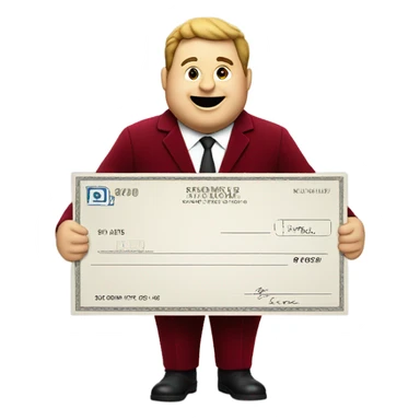 fat guy in dark red velvet suit holding cheque sticker