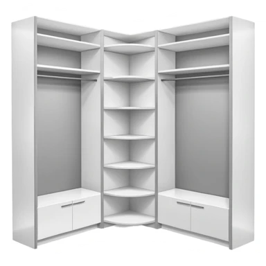 Glossy white PVC corner closet with L-shaped design, fitted into a sharp room corner. Clean, simple shelves and smooth panels with subtle shadows to show depth. Minimalist look with modern vibes, no handles or textures, emoji-style with bright highlights and soft gray edges to define structure. sticker