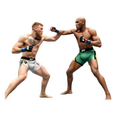 An MMA showdown between Conor McGregor and Anderson Silva in the octagon. McGregor is executing a powerful jumping strike, while Silva is expertly blocking the attack with his forearm. The background features the UFC octagon, fans in the distance, and dynamic action. Transparent background sticker