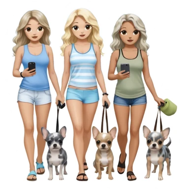 Three pretty women in beach clothes walking 2 dogs, blue and gray spotted Merle Frenchie and walking a black with tan chihuahua puppy, holding iPhone, hazel eyed light skin with dark blonde long hair and light light skin hazel eyed long wavy brown hair, blue eyed light skin long blonde hair  sticker