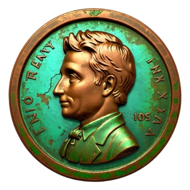 3D render of Old Penny, heavily oxidized copper texture, verdigris patina, Brown coin turning green on edges, weathered bronze aesthetic, ancient decay, Apple emoji style, isolated on white background --v 6.0. sticker