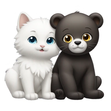 A bear cub with a white cat with black ears and forehead  sticker