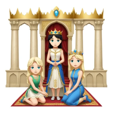 King, standing, black Hair, blue eyes, female servant, blonde, green eyes, shott white sleveless dress, kneeling, background palace sticker