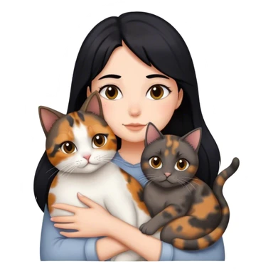 girl with black hair hugging three cats  (tortie cat, full gray cat, brown calico cat) sticker