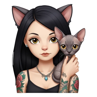 white girl with long black  straight hair and tattoos and  a Devon rex sticker